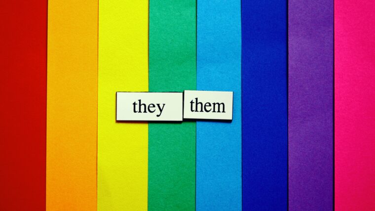 Regenbogenflagge mit den Pronomen they und them.